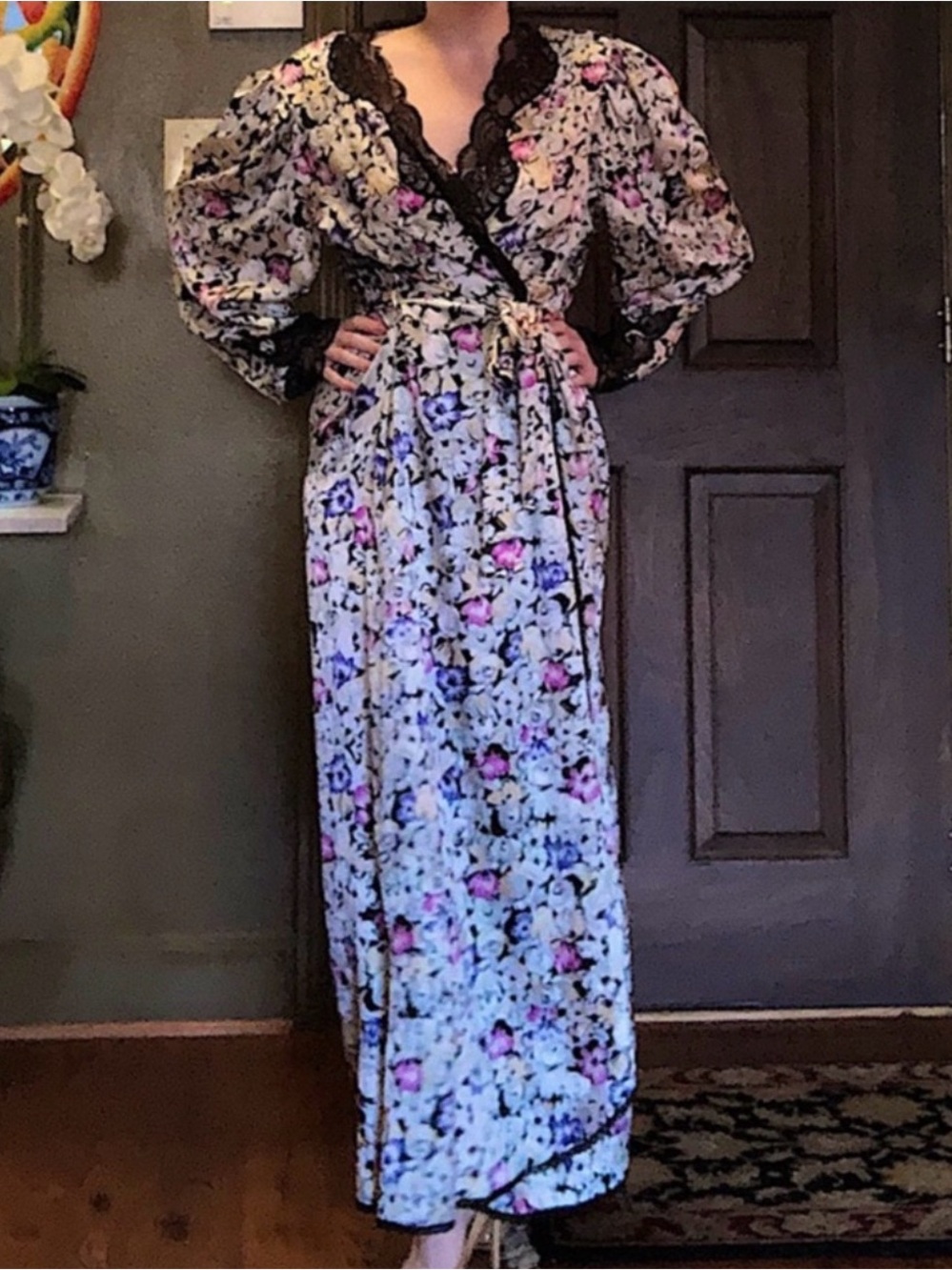 Dior Floral Wrap Robe with Black Lace Trim and Pink Accents